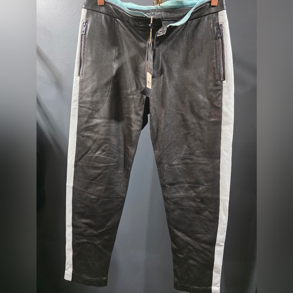 rag & bone Black Leather Pants with White Stripes